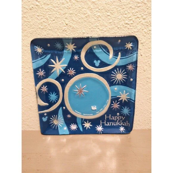 Disney Parks Happy Hanukkah Mickey Mouse Glass Plate Blue 8.25