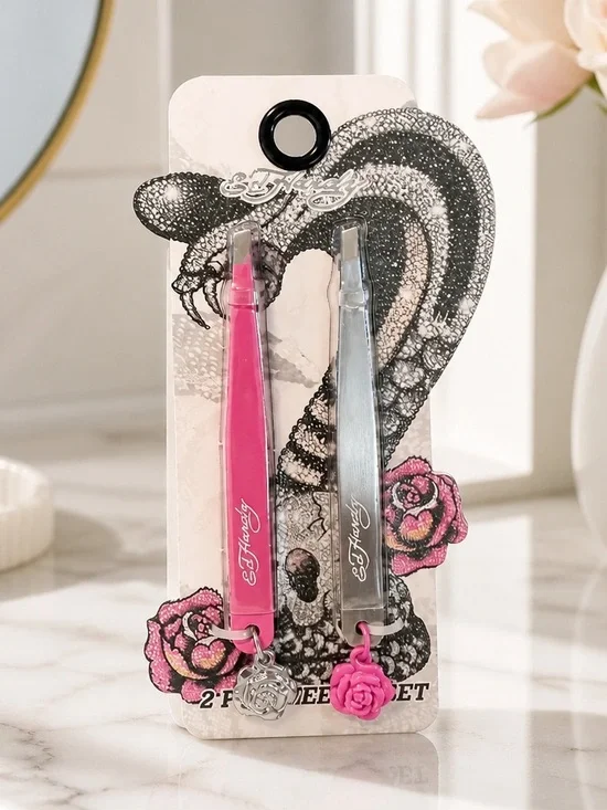 Ed Hardy 2-Piece Tweezer Set Pink Silver Rose Charms