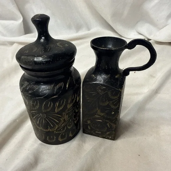 Vintage Black Gold Etched Brass Pitcher Vessel Vase Lid Pair Cream Sugar Set