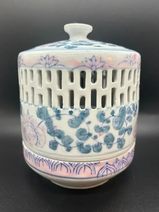 Vintage Chinese Porcelain Butterfly Floral Reticulated Candle Lantern
