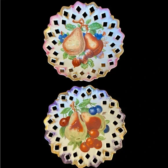 Vintage Reticulated Fruit Plates Pair 7” Hand Painted Lace Edge