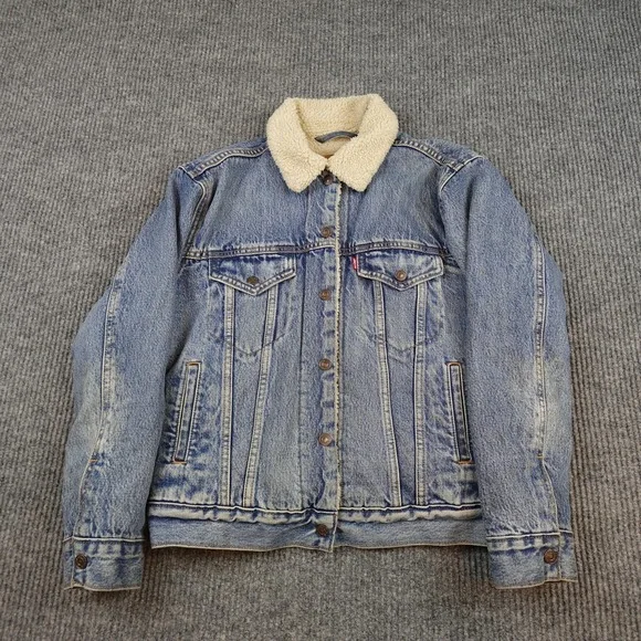 Levis Premium Denim Jacket Mens Small Blue Sherpa Lined Bomber Button Insulated
