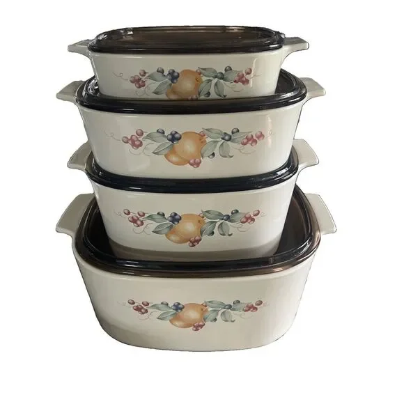 Vintage Corning Ware Abundance Pattern Casserole Set with Amber Lids (8 Pieces)