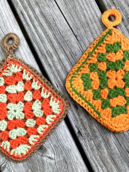 Granny square Potholders Double-sided 7 X 7 Handmade Green Orange Brown Crochet