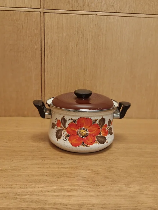 Enamel Stock Pot with Floral Design - Orange & Brown