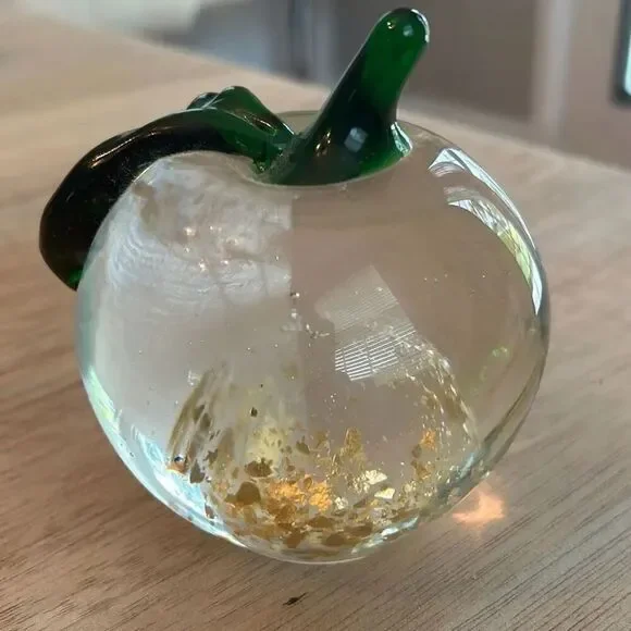 Vintage large apple clear paperweight with gold leaf