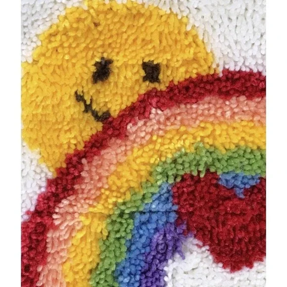 Vtg Happy Face Rainbow Completed Latch Hook Wall Hanging Pillow Stool Cover 12