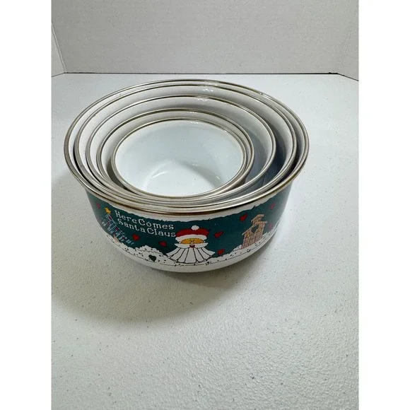 VTG 5*Christmas Enamel Nesting Bowls Set Santa Snowman Reindeer Bear‎ collection