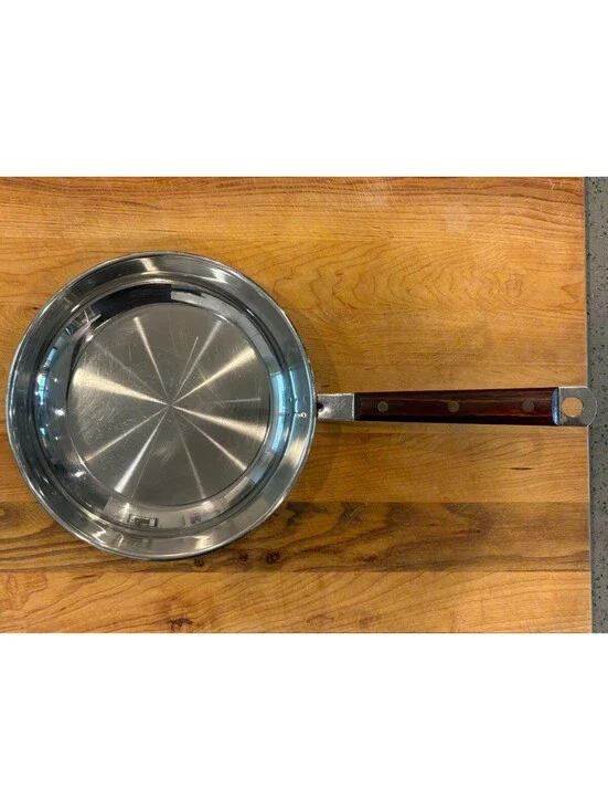 Vintage Stainless Steel 10 Inch Skillet Fry Pan Wood Handle Mid-Century Cookware