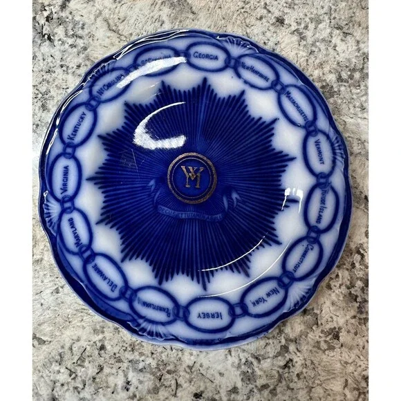 Staffordshire Flow Blue Plate, CHAIN OF STATES, Martha Washington