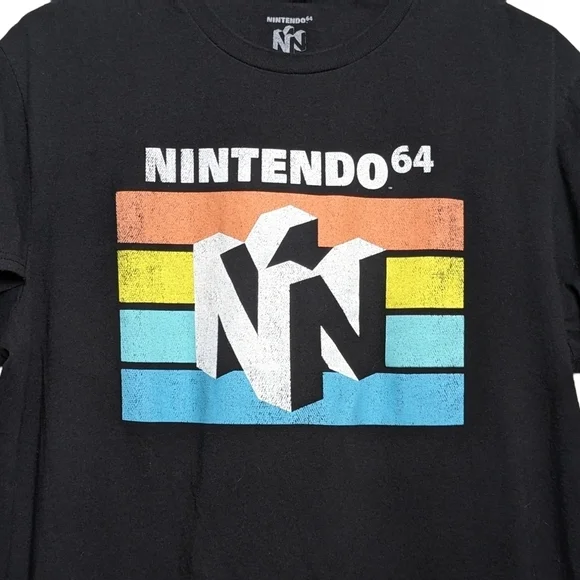 Nintendo 64 Black T-Shirt N64 Logo Over Stripes Men's Large Vintage Look EUC