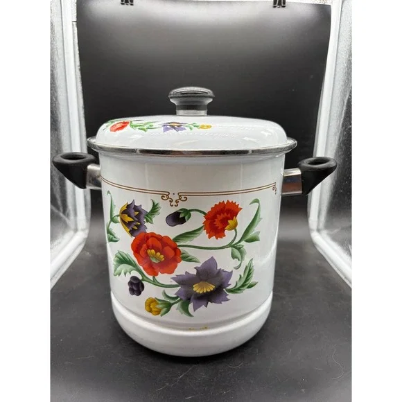 Vintage GMI Enamelware Stock Pot with Lid Floral Poppy‎ White Enamel Soup Pot