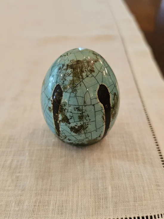 Vintage Houston Studio Art Pottery Turquoise Raku Crackle Glaze Ceramic Egg