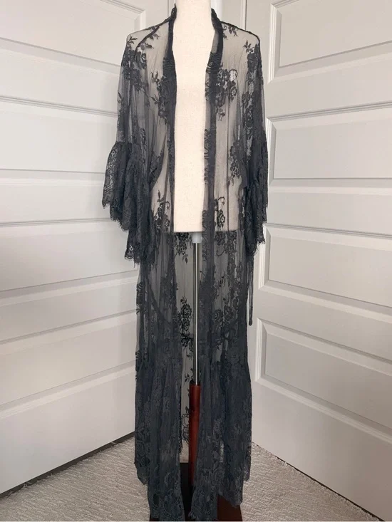 Sheer Black Lace Kimono Duster - Unbranded