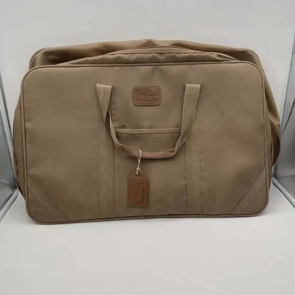 Vintage Pierre Cardin Tan Canvas Travel Bag, Soft-Sided Suitcase with Leather Tr