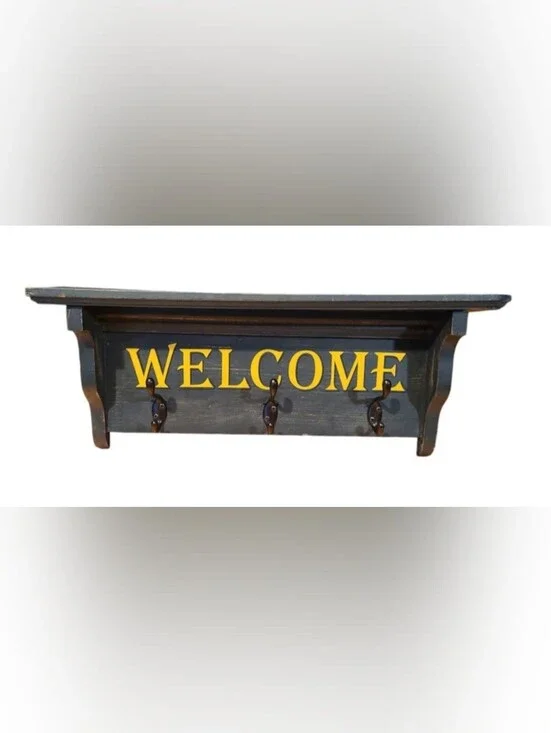 Welcome Shelf with Coat Hooks Wall Decor Primative Style/Coat Hooks