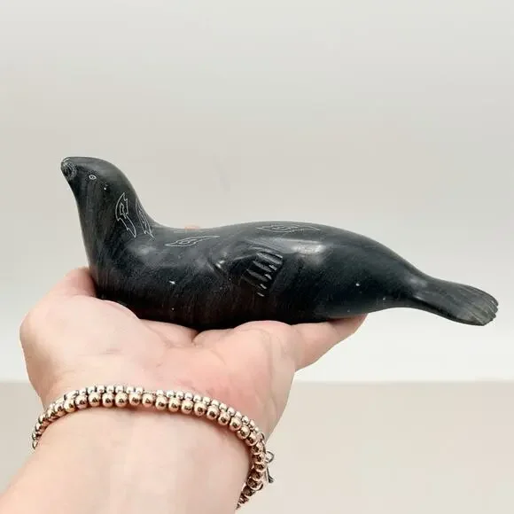 Vintage Soapstone Seal Sculpture Hand Carved Eskimo Art Esquimau Canada