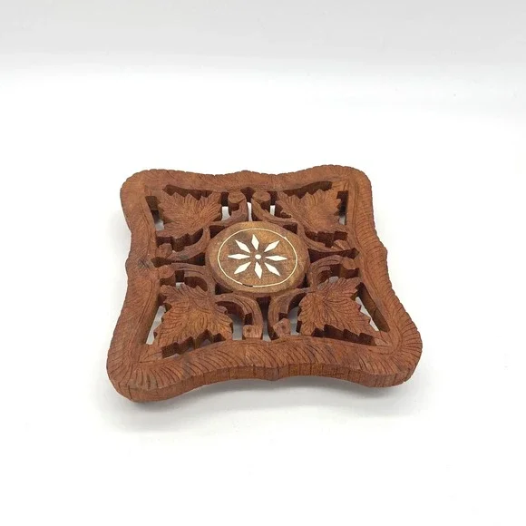 Vintage Hand Carved Wood Trivet India Leaf Design Inlay Footed Hot Pad‎ 6in