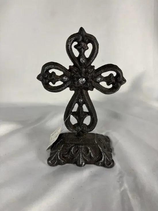 Rustic Cast Iron Fleur De Lis Cross w/ Rhinestones Table Decor 7”