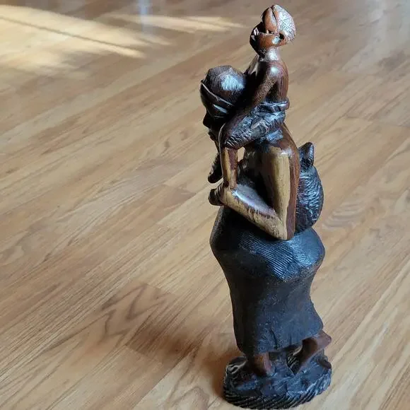 Vintage iron wood carving African women with child figurine sculpture