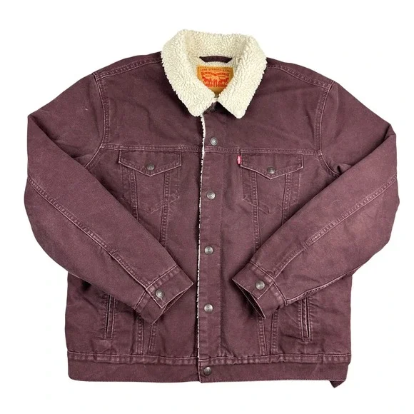 Levi's Sherpa Lined Trucker Jacket Burgundy Maroon Canvas Workwear Coat Mens L