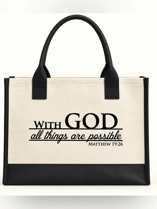 Canvas Tote Bag with Scripture Print - Black & Cream