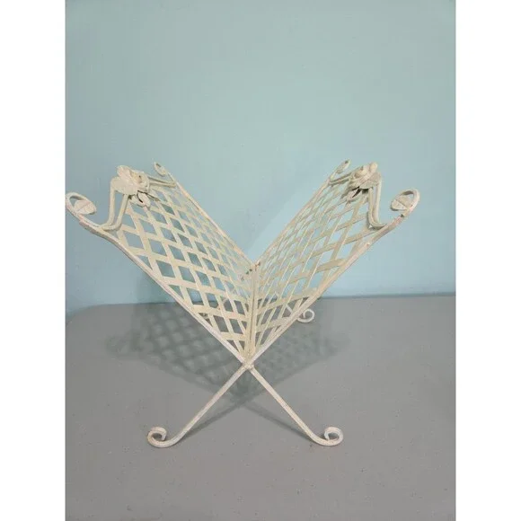 Vintage Metal Folding Magazine Rack Lattice Floral Rack Albums white Cottagecore