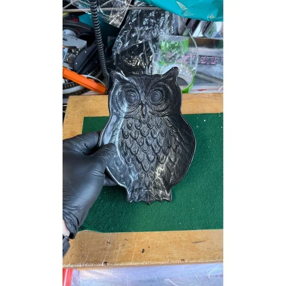 Vintage Black Iridescent Owl Trinket Dish Ceramic Catch All Tray Jewelry Bowl‎