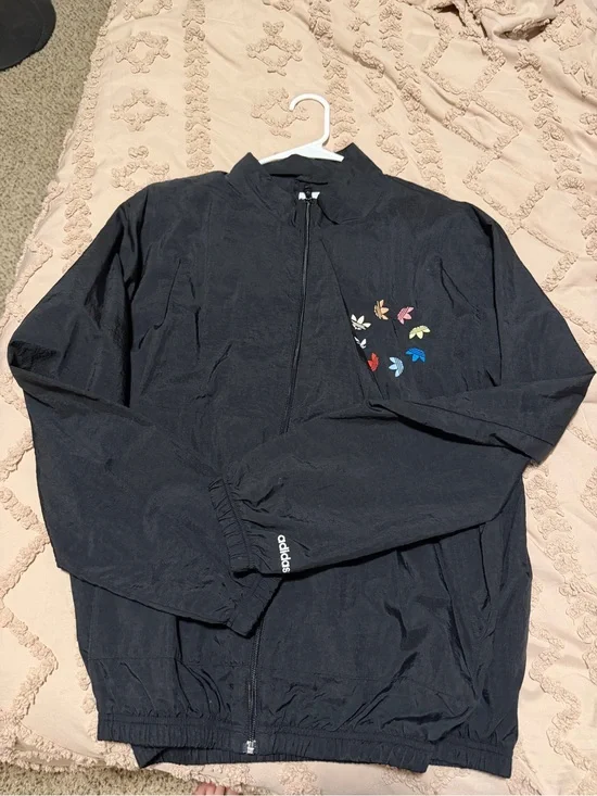 adidas Black Windbreaker Jacket with Multicolor Trefoil Accents