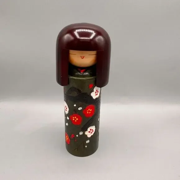 Vintage Japanese Kokeshi Doll Plum Blossoms Asian Decor Hand-Painted