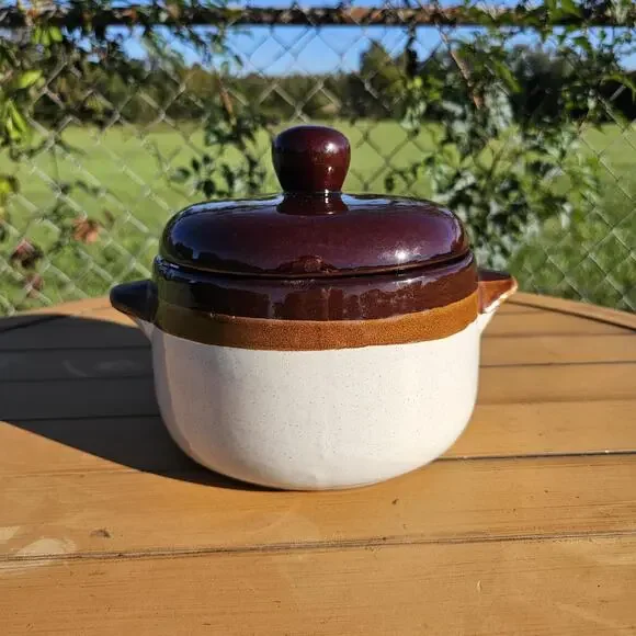 Vintage Brittany Cook N Serve Brown, Tan and White Stoneware Bean Pot with Lid