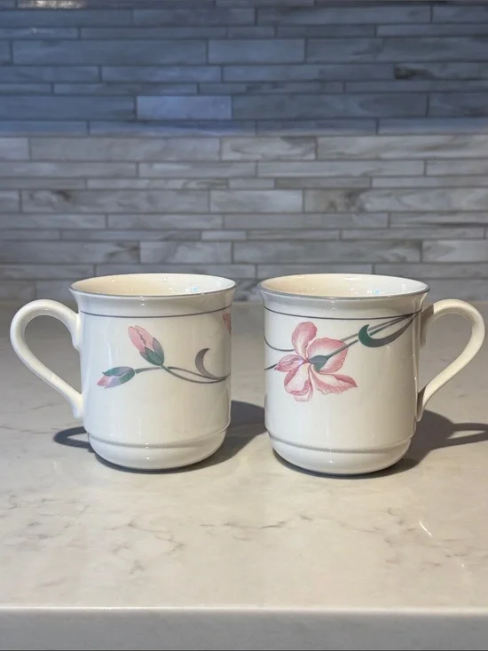 Lenox Chinastone Iris On Grey Mugs Floral Design Set Of 2
