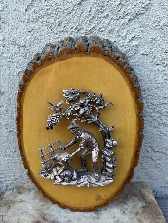 Vintage German 3D Metal Woodcutter Plaque Tree Slice Folk Art Personal Note