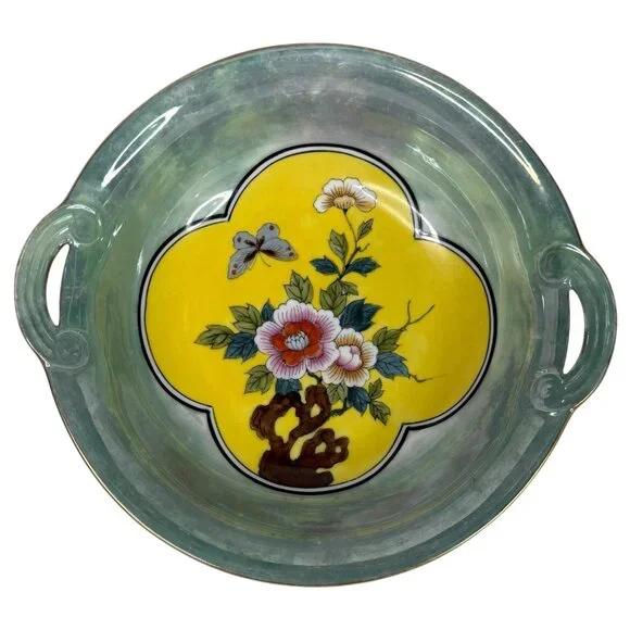 VTG Hand Painted Art‎ Deco Lustreware Bowl With Handles Butterfly Flower Japan
