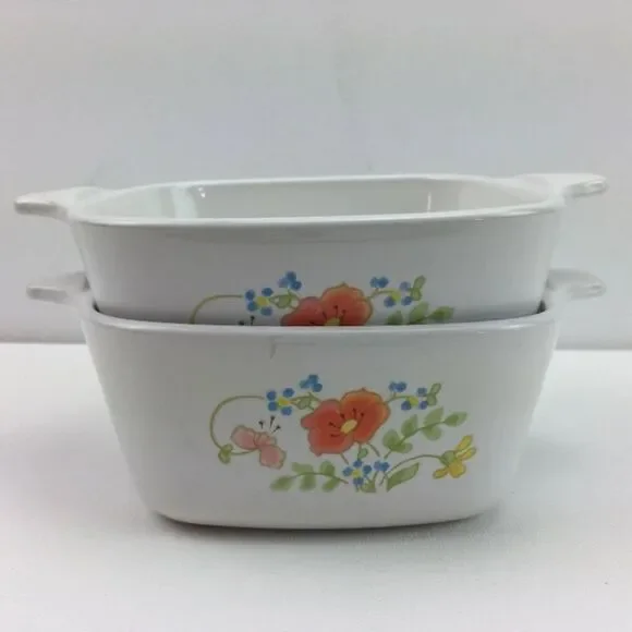 VTG, Corning Ware P-43-B 2 3/4 Cup Pair Floral White Baking Dishes