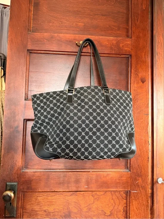 Ralph Lauren Black Monogram Jacquard Tote with Leather Trim