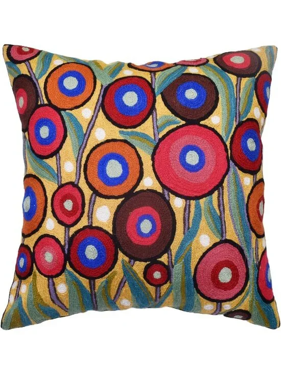 Vibrant Yellow Floral Pillow Cover - Hand Embroidered 18x18 Outdoor Cushion