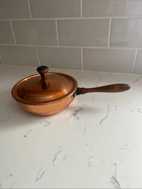 Vintage Copper Aluminum Lidded Skillet Wood Handle 7