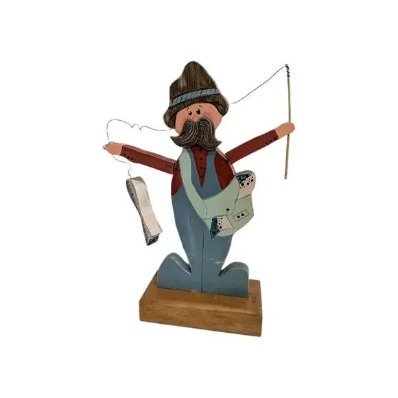 Vintage Folk Art Wooden Fisherman Figurine Hand Painted Rustic Cabin Decor 14