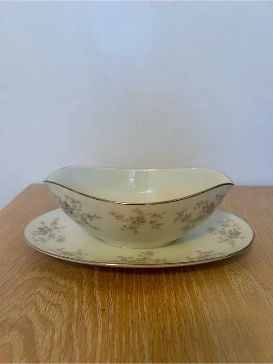 Vintage Noritake Cream Gravy Boat with Saucer and Pink Floral Sprays