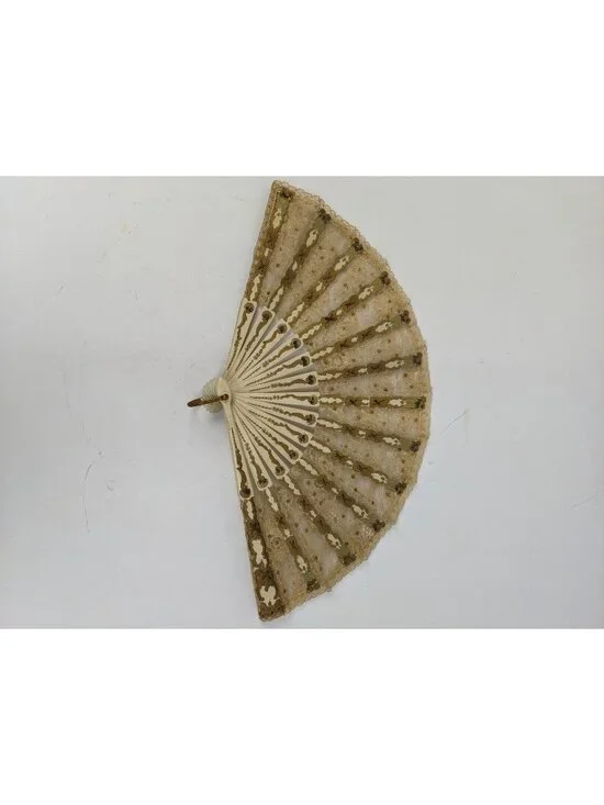 Antique Brussels Lace Hand Fan Sandlewood Ribs Gilding Intact c. 1910