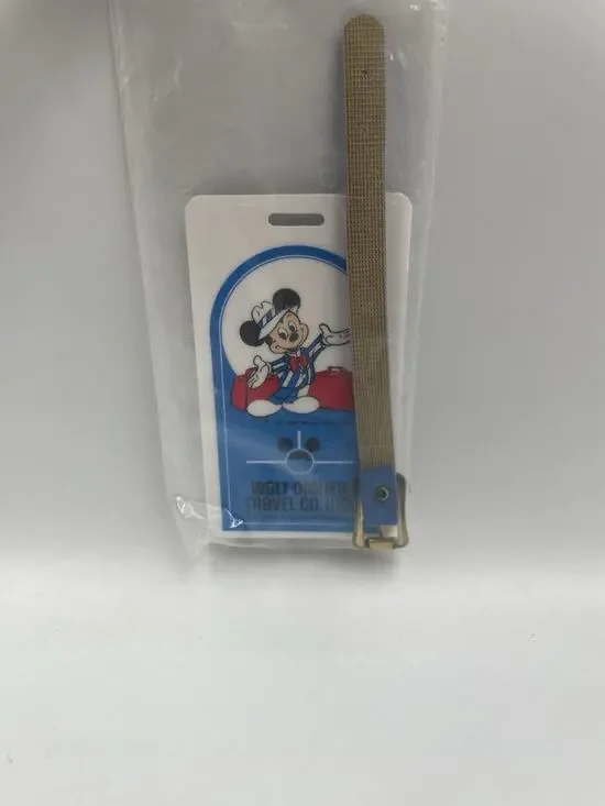 Vintage 1983 Disney Luggage Tag Walt Productions Travel Co Mickey Blue Strap NOS
