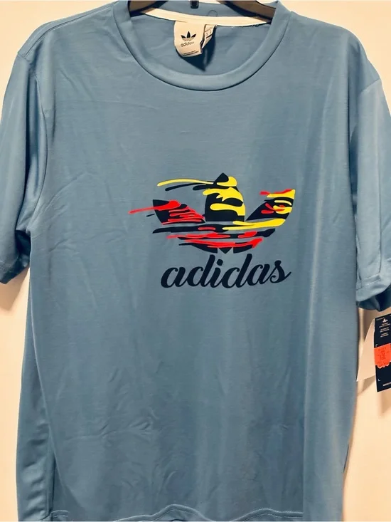 adidas Light Blue polyester Tee with Multicolor Trefoil Graphic