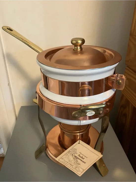 Korea Daewoo SOLID Copper Cookware Fondue Pot & Lid Brass Ceramic Insert New Tag