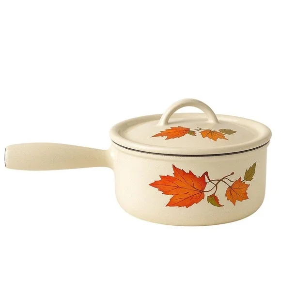 Vintage Descoware Belgium Enameled Cast Iron Sauce Pan Maple Leaf 16 Lid Cream‎