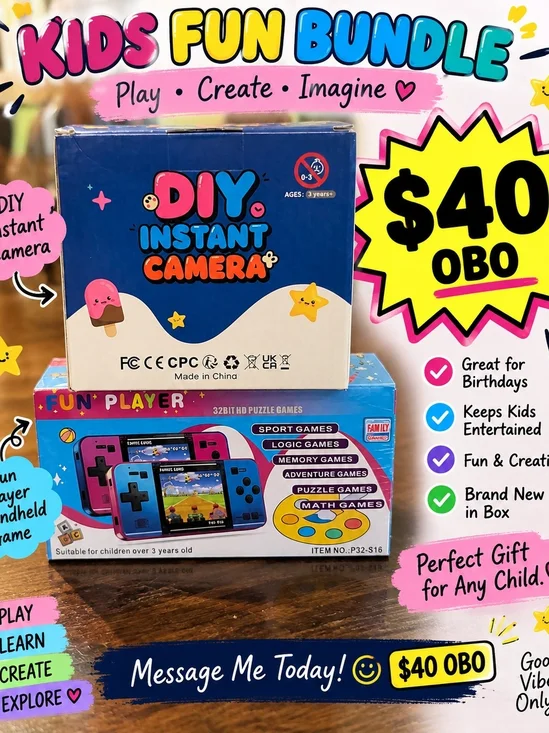 DIY Instant Camera & Handheld Game Bundle - Blue/Pink