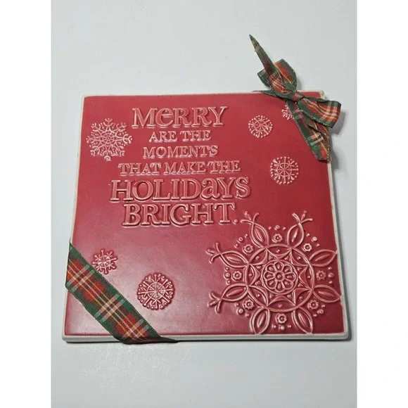 Hallmark Christmas Ceramic Tile Trivet Red Snowflake Hot Plate Plaque Plaid