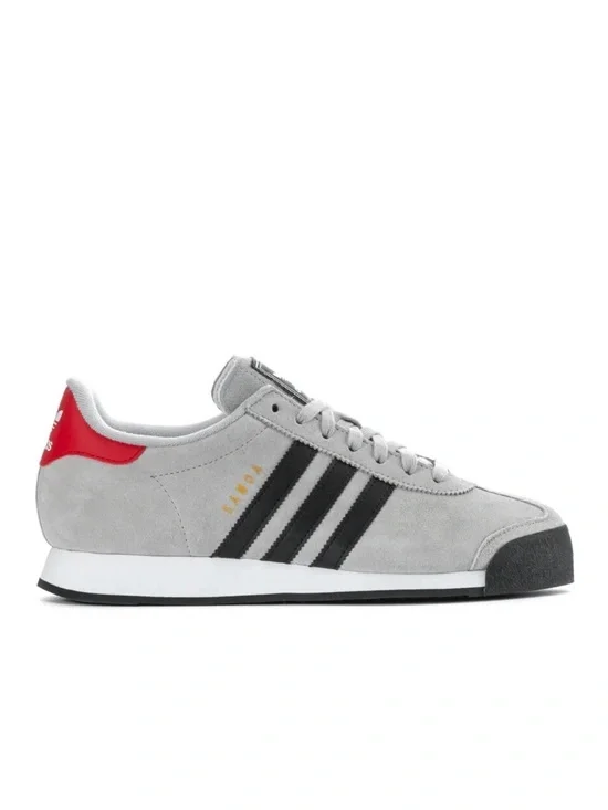 adidas Grey Suede Sneakers with Black Stripes and Red Heel Tab