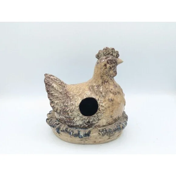 Vintage Stoneware Hen Hen on Nest Birdhouse Ceramic Speckled Glaze Cottagecore