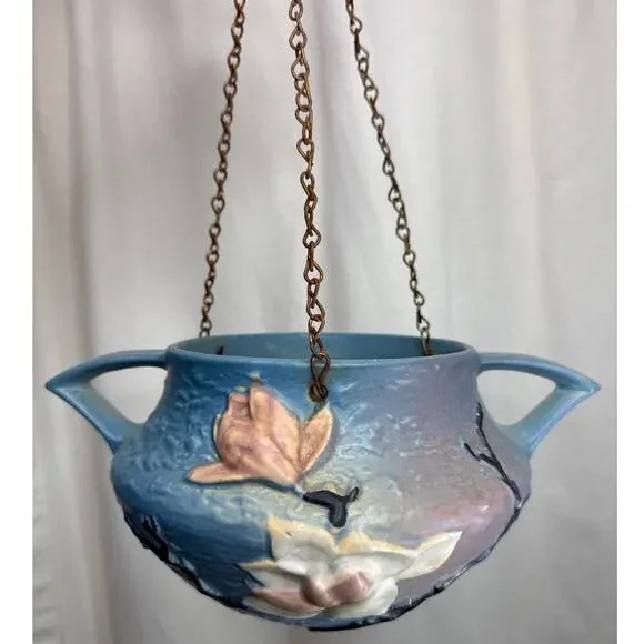 Roseville Pottery Vintage Blue Magnolia Hanging Basket Planter Floral Handles